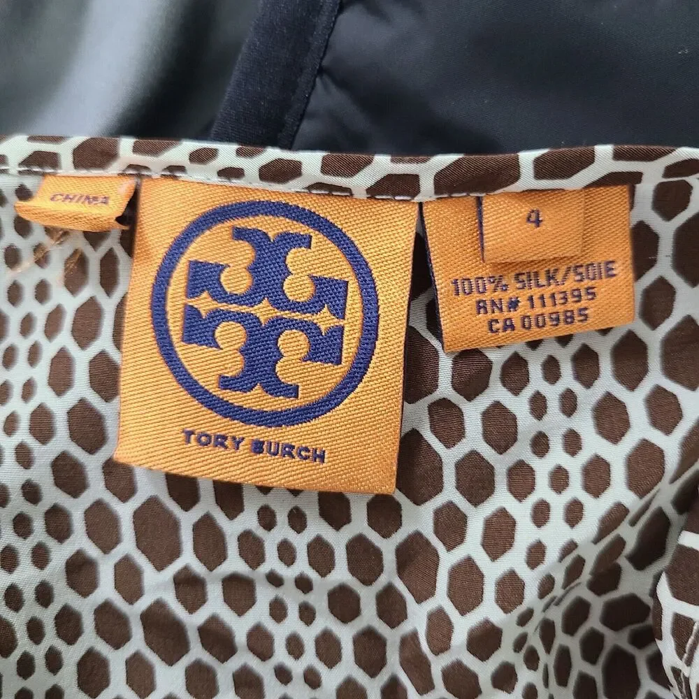 Tory Burch Womens Size 4 100% Silk Geometric Long Sleeve Blouse Tunic Brown